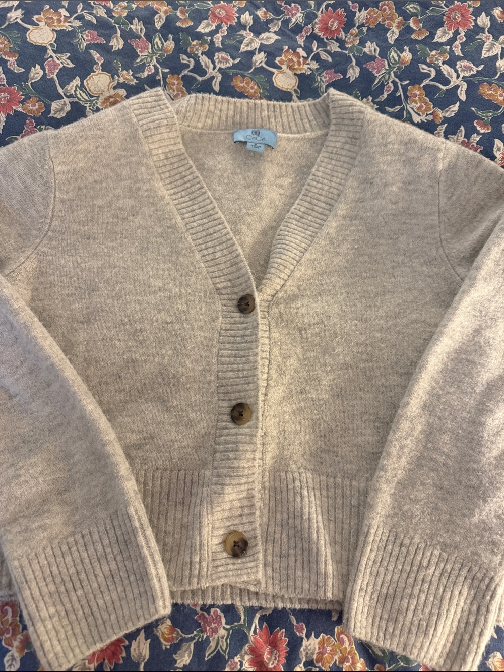 CeCe Light Beige V-Neck Button Front Cardigan